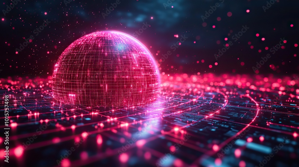 Wall mural a 3d rendering of a cyber world in the metaverse, featuring a neon-colored digital globe with advanc