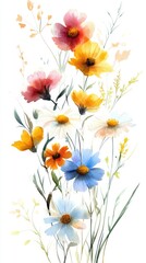 ** Vibrant Watercolor Wildflowers Illustration with Colorful Blooms and Delicate Stems on a White Background..**