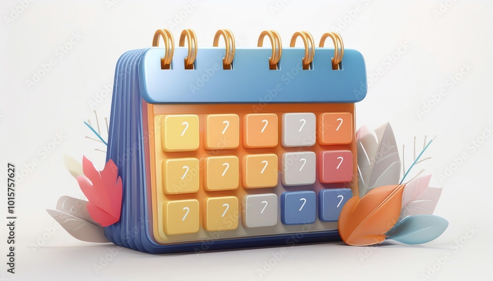 Poster a colorful, 3d calendar stands with decorative flowers, featuring multiple question marks on its squ