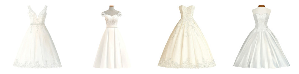A showcase of elegant white dresses featuring various designs, perfect for formal occasions, bridal wear, or special events.