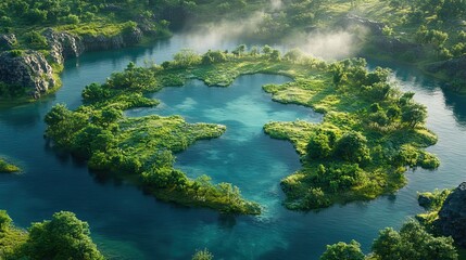 A 3D rendering of a lake shaped like the world’s continents, nestled in untouched nature, metaphorically represents ecological travel and the fragility of our planet.