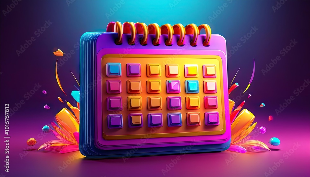 Poster a vibrant, stylized calendar with colorful buttons surrounded by dynamic splashes, reflecting a mode