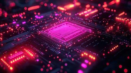 Fototapeta premium A 3D rendering of futuristic server circuit boards processing data, highlighted by bokeh effects in vibrant colors.