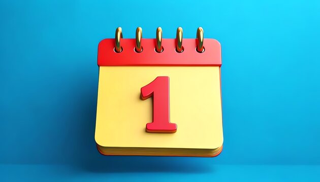 A bright yellow calendar page with a red header and the number "1," set against a blue background, representing the start of a month or a special date.