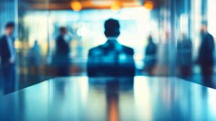 A blurred photograph capturing business people in an office，a high-tech company with soft yellow accents.