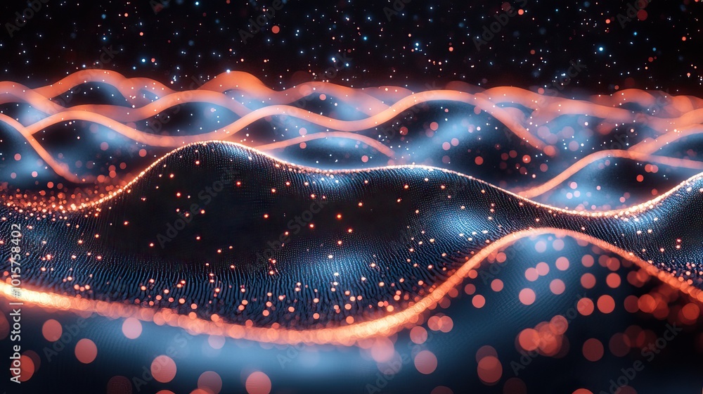 Poster a background depicting a peak-like ray trajectory of particles, ideal for illustrating internet tech