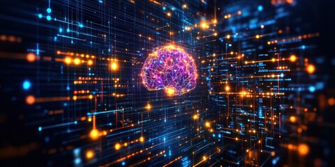 Obraz premium A digital representation of a brain surrounded by interconnected data streams and lights.