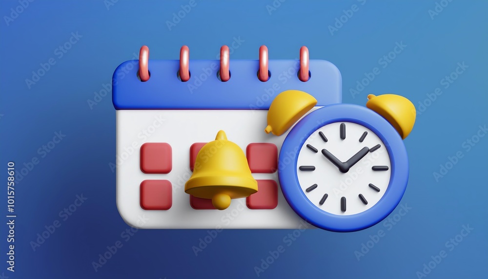 Poster a colorful 3d calendar with alarms and a clock, symbolizing time management and scheduling reminders
