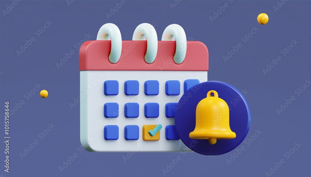 Poster a colorful 3d calendar with a notification bell, symbolizing scheduling and reminders.