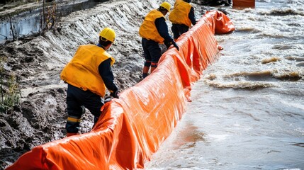 Workers Reinforcing Riverbank with Protective Barriers to Prevent Flooding During Heavy Rainfall in Urban Area