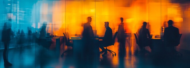 Obraz premium A dynamic blurred photograph of an office team meeting, showcasing silhouettes and shadows in motion behind glass walls. Modern business decor, including sleek desks and comfortable chairs 