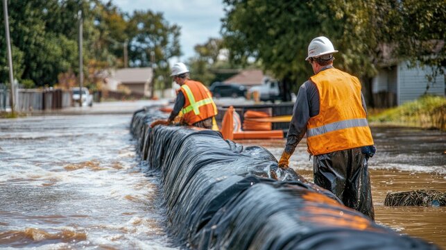 Workers in Safety Gear Reinforcing Flood Barriers During Severe Weather Conditions in Residential Area