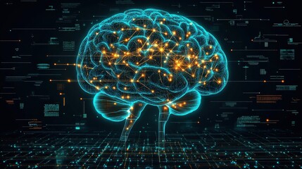 A digital representation of a brain with glowing neural connections and data overlays.