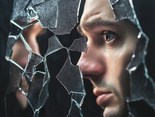 A close-up of a man’s face partially visible through broken glass, conveying a sense of introspection and fragility.