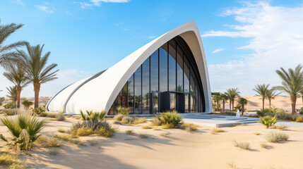 Striking White Curved - Style Modern Building Standing in the Middle of the Desert: A Visual of Contrast and Architectural Innovation