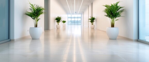 Modern Corridor Design with Potted Plants in a Bright, Open Space