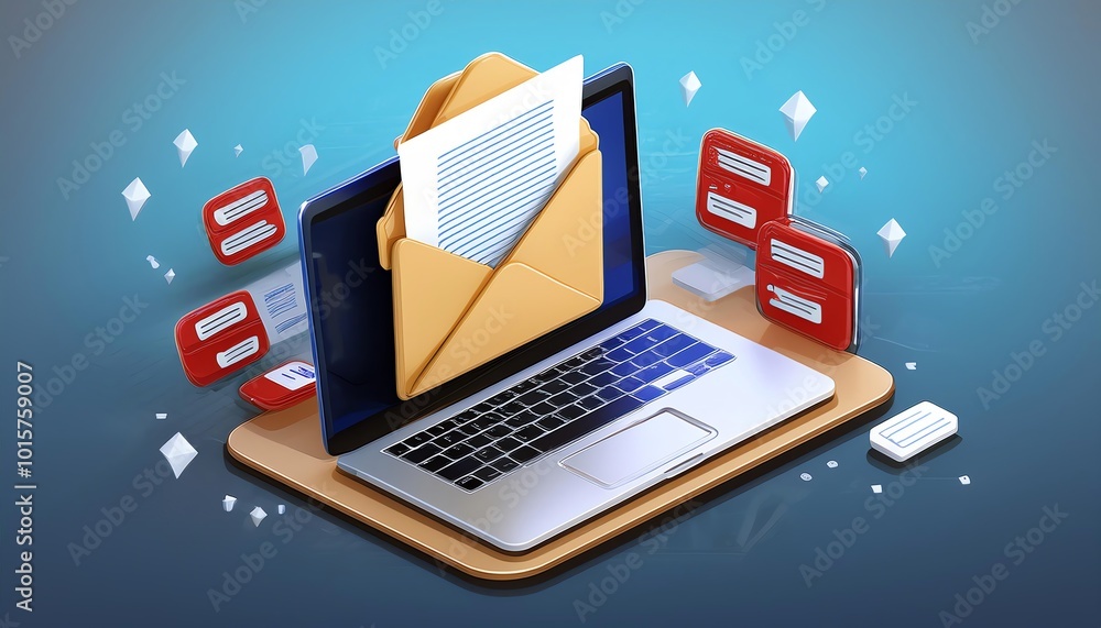 Poster a digital representation of an email on a laptop, featuring an envelope and various notification ico