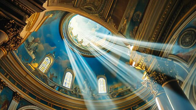 A stunning view of a dome with rays of light illuminating intricate artwork and architecture.