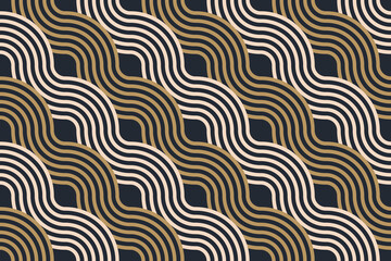 Abstract Waves Seamless Pattern. Wavy Lines Black, Gold and White Background.