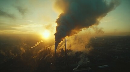 Fototapeta premium Industrial Smoke Plumes Rise Against a Sunset Sky