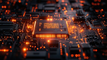 Obraz premium A banner with abstract printed circuit board elements, representing the intricate connections of technology.