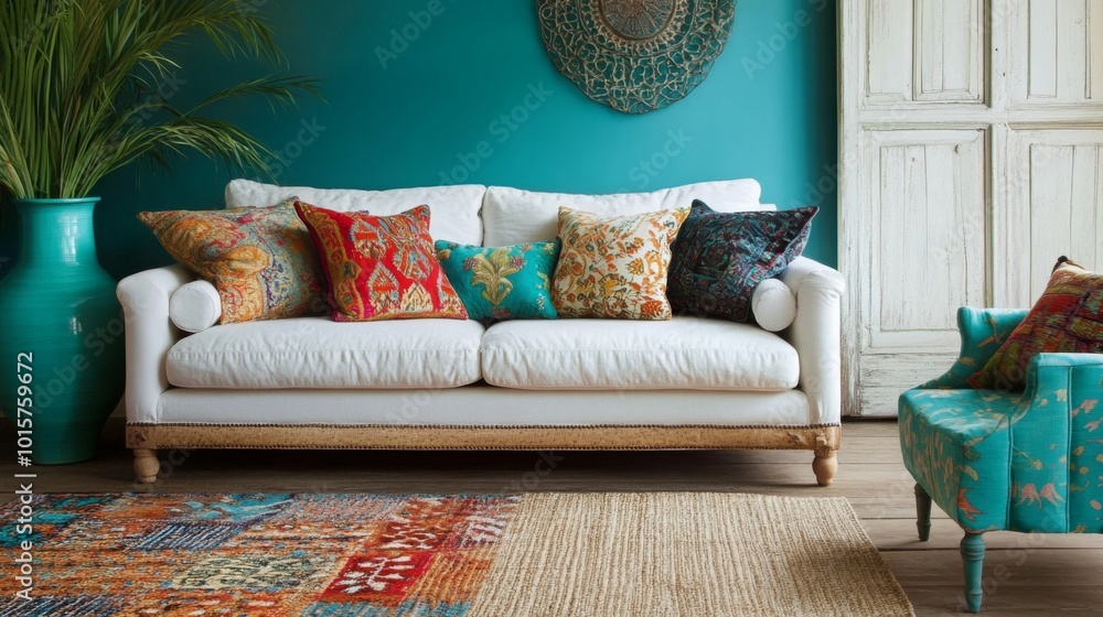 Poster a white couch with patterned pillows sits in front of a teal wall. the couch has a wooden frame with