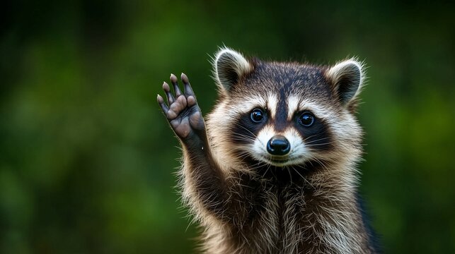 Fototapeta Photo of raccoon raising its paw, close-up, on clean solid background, pet relief concept, pets, care and maintenance, cute wild animals environment 
