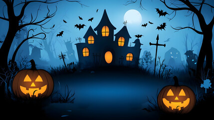 Spooky Halloween Illustration with Haunted House and Jack-o'-Lanterns in a Graveyard Setting Under a Full Moon