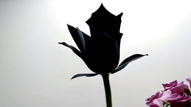 Silhouette of a single black rose against a white background. Seamless looping 4k time-lapse virtual video background