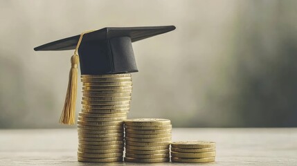 Graduation Cap on Stacked Coins Symbolizing Education Costs and Financial Investment in Higher Learning