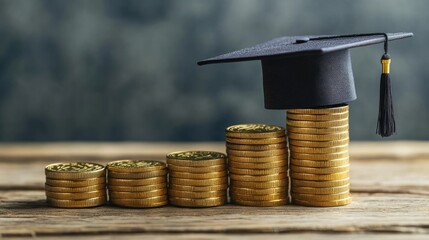 Graduation Cap on Stacked Coins Symbolizing Education Costs and Financial Growth for Students
