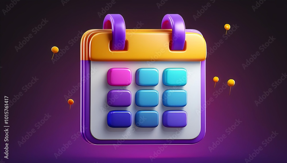 Poster a colorful digital calendar icon featuring a grid layout and vibrant design elements against a dark 