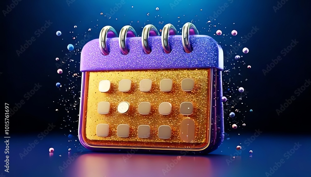 Aufkleber a vibrant 3d calendar icon with sparkling effects, symbolizing organization and scheduling in a colo