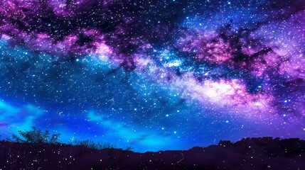 Fototapeta premium Enchanting fantasy starry night sky with blue and purple hues, featuring a vibrant galaxy and mesmerizing aurora – stunning 4k wallpaper perfect for digital spaces and cosmic-themed interior design