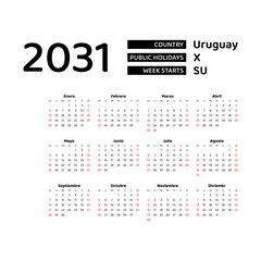 Calendar 2031 Spanish language with Uruguay public holidays. Week starts from Sunday. Graphic design vector illustration.