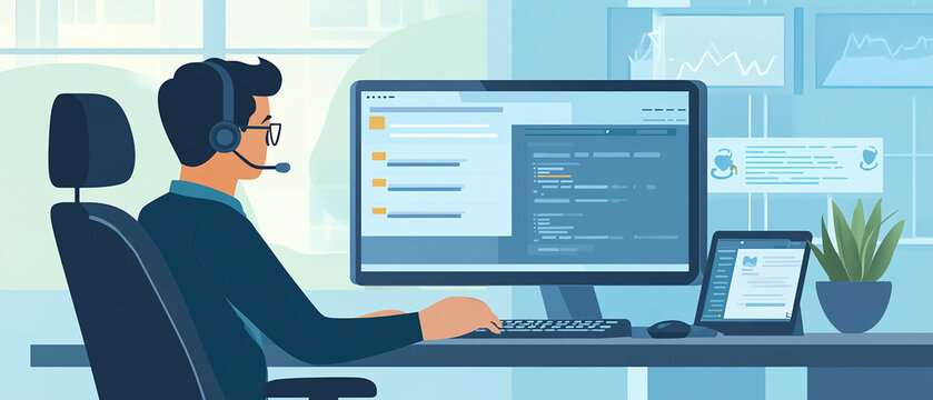 Customer support specialist resolving client inquiries using chat software in a modern tech office.