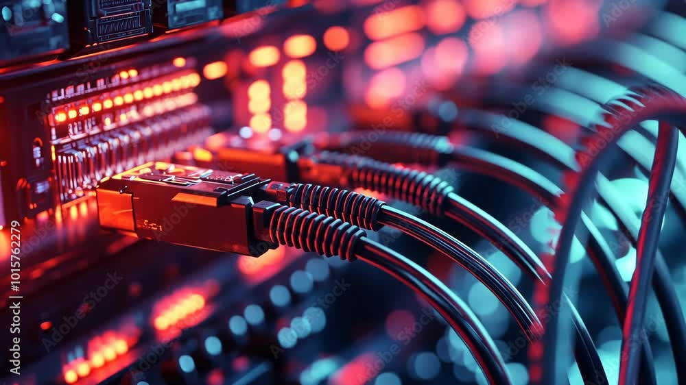 Poster close-up of network cables connected to a server rack in a data center
