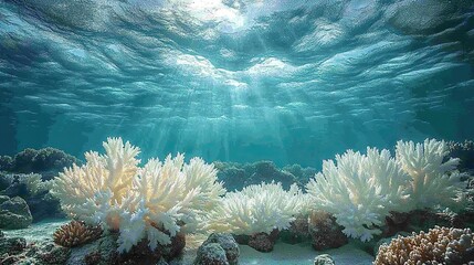 A bleached coral reef stretches out beneath the waters of the Maldives, a victim of the rising sea temperatures caused by climate change.