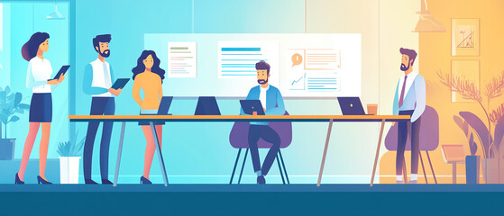 HR team reviewing employee performance evaluations in a corporate meeting room.