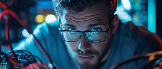 Fototapeta premium IT specialist troubleshooting network issues in a busy office environment.