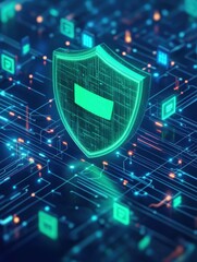 A digital shield symbolizing cybersecurity amidst a network of data connections.