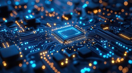 Obraz premium A blue background featuring a modern computer circuit board, symbolizing technological advancements.