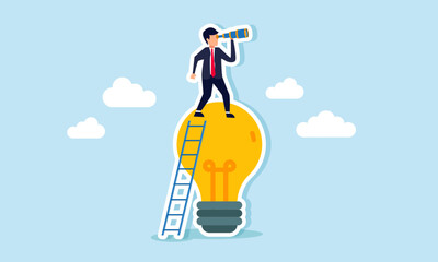 Obraz premium A businessman is climbing a light fixture with a ladder while using a telescope, illustration of a vision for generating ideas and innovations relevant to the target market.