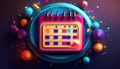 A vibrant digital calendar surrounded by colorful orbs, blending creativity and organization in a playful design.