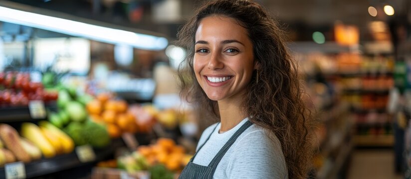 A friendly female employee working in a grocery store with a smile.