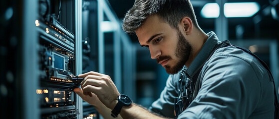IT technician installing and configuring hardware systems in a corporate office.