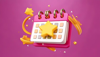 A colorful digital calendar with a star symbol, set against a vibrant pink background, highlighting organization and scheduling.