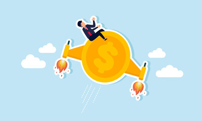 A businessman is riding a dollar coin jet soaring into the sky, illustration of the positive trend of the dollar's valuation towards an all-time high.