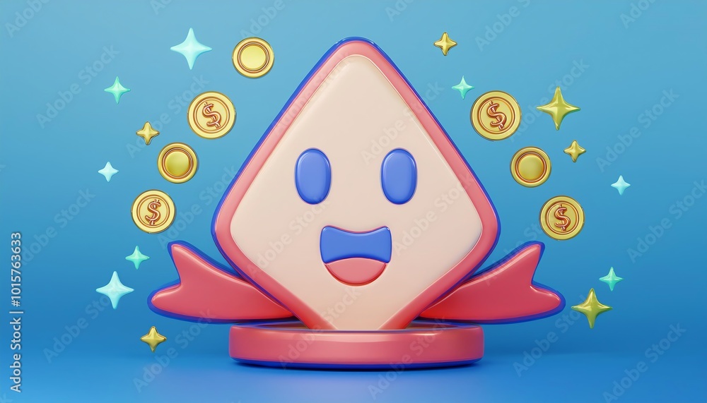 Poster a cute, animated character with a smiling face and colorful background, surrounded by sparkling elem