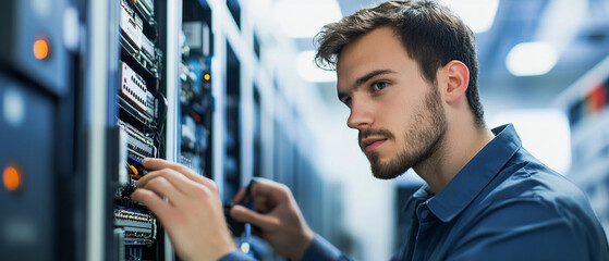 IT technician installing and configuring hardware systems in a corporate office.